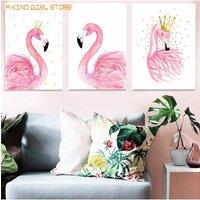 3pcs Framed Canvas 3pcs Canvas Print Wall Decor Art Elegant Pink Flamingo King Queen Pictures Prints Animal Bird Sweet Love Mode