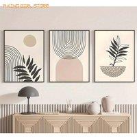 3pcs Bohemian Sage Canvas Wall Art Geometric lines leaves sun beige Wall Decor Pictures Minimalist Posters Prints for Living Roo
