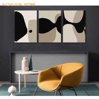 3pcs Framed Canvas Black and Beige Canvas Wall Art Minimal Neutral Abstract Posters Pictures Boho Black Lines Paintings Mid Cent