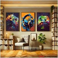 Set of 3 Frameless Game Wall Art Posters - Vibrant Canvas Prints Featuring Video Game Controllers And Headphones, Modern Abstrac