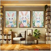 2D Flat, 3pcs Set, 2D Flat Decorative Paintings, Halloween and Christmas Gift Frameless Canvas Art 3 Cute Blue Bow Tie Rabbit
