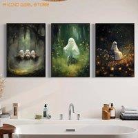 2D Flat 3pcs Adorable Ghosts, Spooky Gothic Style, Cute Bicycle Ghosts, Halloween Art Wall Decor, Bedroom, Living Room Wall Deco