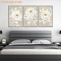 3pcs Large Black Float Framed Canvas Wall Art White Bloomy Flowers Prints Elegant Beige Floral Pictures for Living Room Bedroom
