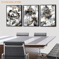 [3pcs Black Canvas Art] 3pcs Large Black Float Framed Canvas Wall Art | Floral Abstract Pictures Aesthetic Black and White Artwo