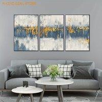 3pcs Large Black Float Framed Canvas Wall Art Blue White and Golden Abstract Pictures for Living Room Retro Wall Decor for Bedro
