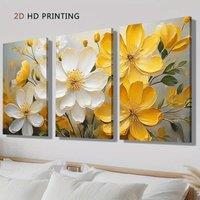 2D Flat, 3pcs Wood Framed Canvas Print Art, 2D Flat, White and Yellow Botanical Floral Art, Oil Painting Style Flower Painting,