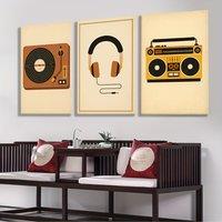 3pcs Retro Music Art Canvas Posters with Wooden Frame - Vinyl Record, Headphones & Cassette Player Design - Waterproof, Easy-to-