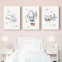 3pcs Set of Aircraft Cartoon Canvas Painting Helicopter Airplane Hot Air Balloon Kindergarten Wall Art Print Poster Nordic Pictu
