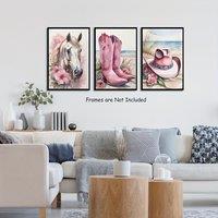 3pcs/SET Frameless Coastal Western Cowgirl Canvas Wall Art Pink Flower Boots Hat Horse Aesthetic Painting Pictures Wall Decor So