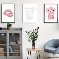3pcs, 2D Frameless Canvas Art, Set of 3 Decorative Paintings, Chic Perfume Print, Fashionable Wall Art, Pink Lips Poster, Perfum