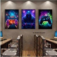 3pcs Vibrant Gaming Canvas Wall Art Set - Neon Headphones & Controllers, Frameless Modern Decor for Bedroom, Living Room, or Gam