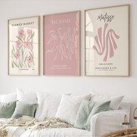 [2D Flat] 3pcs Pink Danish Dot Art Prints - Henry Matisse, Floral Market & Picasso Posters - Modern Fabric Wall Decor for Home,