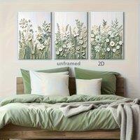 2D Flat, 3pcs Sage Green Wildflowers Canvas Wall Art Neutral Minimalist Abstract Boho Floral Botanical Painting Pictures Wall De