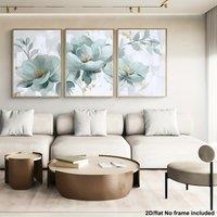 3pcs Large Abstract Floral Wall Art Set in Soft Green & White with Golden Accent - Frameless Modern Boho Canvas Prints for Livin