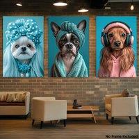 3pcs, 2D Frameless Canvas Print Set, Home Decor Artwork, 3pcs Canvas PaintingFrameless, Cute Dog with Headphones and Turban Wig