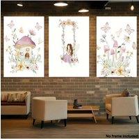 [2D Flat] 3pcs, 2D Frameless Canvas Art Set - Enchanting Secret Garden Fairy on Swing, Mushroom Castle & Floral Decor - Bohemian