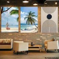 3pcs, 2D Frameless Canvas Art, Set of 3 Tropical Beach Scenery Wall Paintings - Coconut Palm Trees, Lounge Chair and Umbrella Sc