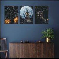 [2D Flat] 3pcs Halloween Canvas Wall Art Set - Spooky Ghosts & Pumpkins, Polyester Fiber, Indoor/Outdoor Decor for Living Room,