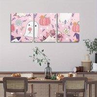 3pcs Pink Cartoon & Floral Canvas Wall Art - Frameless Halloween Decor for Living Room, Bathroom, or Office - Cheerful Autumn-Th