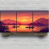 3pcs Canvas Wall Art Set, Serene Sunset Seascape with Fishing Boats, Home & Office Decor, Living Room & Bedroom Aesthetic, Canva