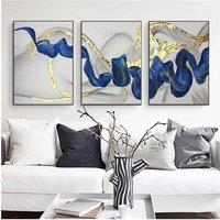 Abstract Blue and Golden Wave Canvas Art Print - 3 Panels Unframed Wall Poster for Modern Living Room Decor, Painting, Pictures