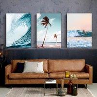 3pcs Beach Surfing Speed Wave Canvas Wall Art Coconut Sea Tree Beach Landscape Wall Art Poster Summer Canvas Painting Green Art