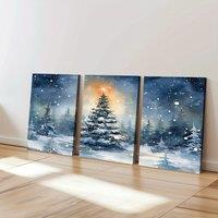 [2D Flat] 3pcs Inset Wood Framed Canvas Art- Star-Lit Christmas Tree& Quiet Forest Scene, Vibrant Home Wall Decor for Living Roo