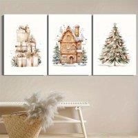 2D Flat, 3pcs Wood Frame Canvas Print Decorative Painting, Watercolor style Christmas gift box, Christmas tree house illustratio
