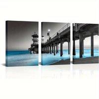 3pcs 2D flat, including inner frame, 12x16in, The Huntington Beach Canvas Wall Art Sea Bridge Ocean Coastal Pictures Black & Whi