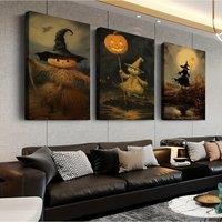 2D Canvas, Flat 3pcs Gothic Halloween Canvas Print- Jack O' Lanterns, Bats& Haunted House Wall Art, Modern Indoor/Outdoor Decor