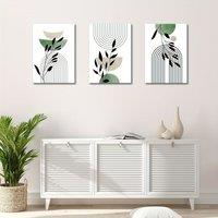 [2D Flat] Boho Sage Green Canvas Wall Art Set of 3, Framed Minimalist Aesthetic Botanical Wall Pictures White Geometric Line Pla