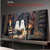 [2D Flat] 3pcs Wood Frame Canvas Print Decorative Painting, Two Cute Ghosts Reading Art in a Dark College-Style Library, Retro O