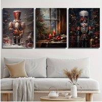 [2D Flat] 3pcs Rustic Farmhouse Christmas Canvas Wall Art Set - Nutcracker, Cottage Centerpiece & Tree Designs, Wood Framed Post