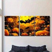 [2D Flat] 3pcs Framed Halloween Pumpkin& Bat Canvas Art Wall Decor, 29, 97x39, 34.65inch - Vibrant Digital Illustration with Rea