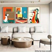 3pcs Mid-Century Modern Retro Pop Art Wall Decor Set - Frameless 2D Flat Canvas Paintings with Music Notes, Vinyl Records & Mid-