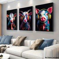 3pcs 2D Frameless Canvas Art Set, Trio of Living Room Decor - Colorful Abstract Cow, Sheep & Pig Paintings with Headphones, Vibr