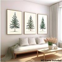 2D Flat, 3pcs, 2D Frameless Canvas Painting, Decorative Art Set of 3 Christmas Pine Tree Watercolor Paintings, Vintage Home Deco