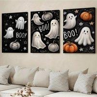 [2D Flat] 3pcs Halloween Canvas Wall Art Set - Spooky Ghosts & Pumpkins with BOO! Text, Blackboard Design, Wooden Frame - Perf