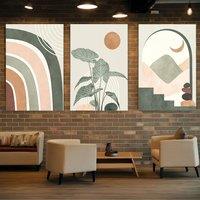 3pcs framed canvas posters, abstract art, geometry, sun, moon and green lawn posters, wall decorations for living rooms, cafes,