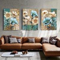 Framed 3pcs Lotus Wall Art Floral Canvas Wall Decoration Brown and Blue Printed Painting Modern Artwork Abstract Picture for Liv