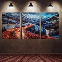 [2D Flat] 3pcs Snow Mountain Road Night Scene Canvas Wall Art Set - Long Exposure Photography, Modern Rustic Decor for Living Ro