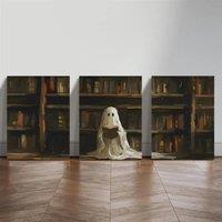 [2D Flat] 3pcs Gothic Halloween Canvas Art Print - Spooky Ghost Reading in Library, Dark Academy Theme, Wooden Frame Wall Decor
