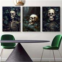 Frame 3pcs Skeleton Decoration Halloween Wall Art Plant Skeleton Poster Retro Skull Aesthetic Canvas Wall Art Dark Gothic Wall D