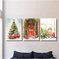 [2D Flat] 3pcs Wooden Framed Canvas Art Set - Festive Christmas Decor with Red Car, Christmas Tree, and Holiday Doorways - Ideal