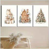 2D Flat, 3pcs Wood Frame Canvas Print Decorative Painting, Watercolor style Christmas gift box, Christmas tree house illustratio