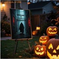 Halloween Personalized Name Sign Canvas - Custom Spooky Welcome Decor - Witch Ghost Pumpkin Porch Party Hanging Art