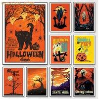 Retro Black Cat Pumpkin Canvas Prints Scary Ghost Dark Academy Wall Art Posters for Modern Living Room Halloween Home Decor Gift