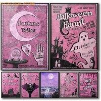Pink Vintage Halloween Art Canvas Painting Moon Ghost spooky horror witch trick or treat vampire Canvas Wall Art Home Room De