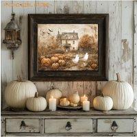 Cute Ghosts Haunted Farmhouse Canvas Prints Poster Pooky Pumpkin Patch Halloween Art Prints Fall Wall Art Home Decor Art Poster
