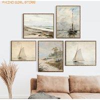 Vintage Seascape Watercolor Painting On Canvas Poster Coastal Art Prints Gallery Wall Art Pictures for Living Room Home Decor